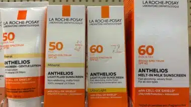 Boxes of La Roche Posay broad spectrum SPF 50 and 60 anthelios sunscreen with cell-ox shield