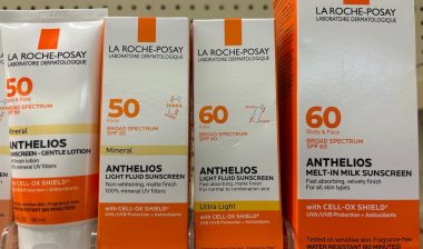 Boxes of La Roche Posay broad spectrum SPF 50 and 60 anthelios sunscreen with cell-ox shield