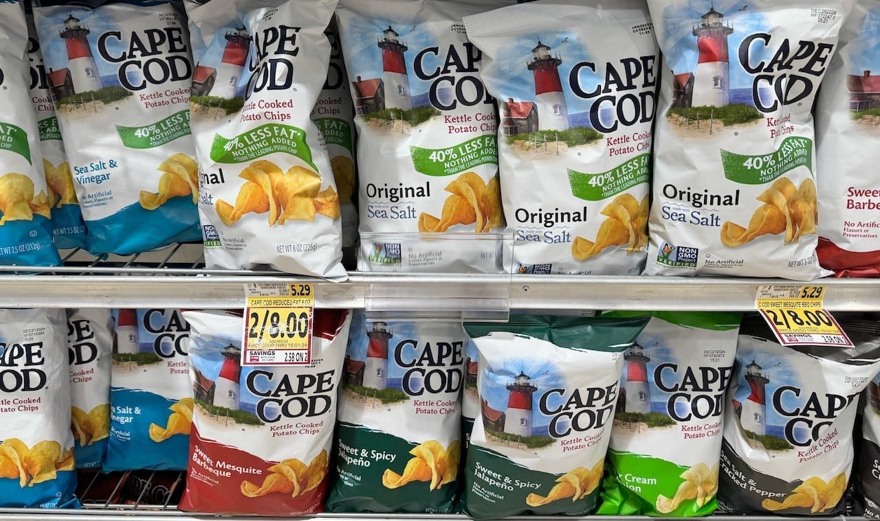 Display of various flavors and varieties of Cape Cod potato chips at a grocery store
