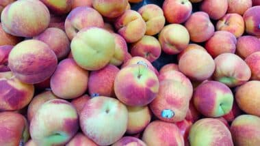 Close up of peaches at grocery store