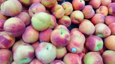 Close up of peaches at grocery store