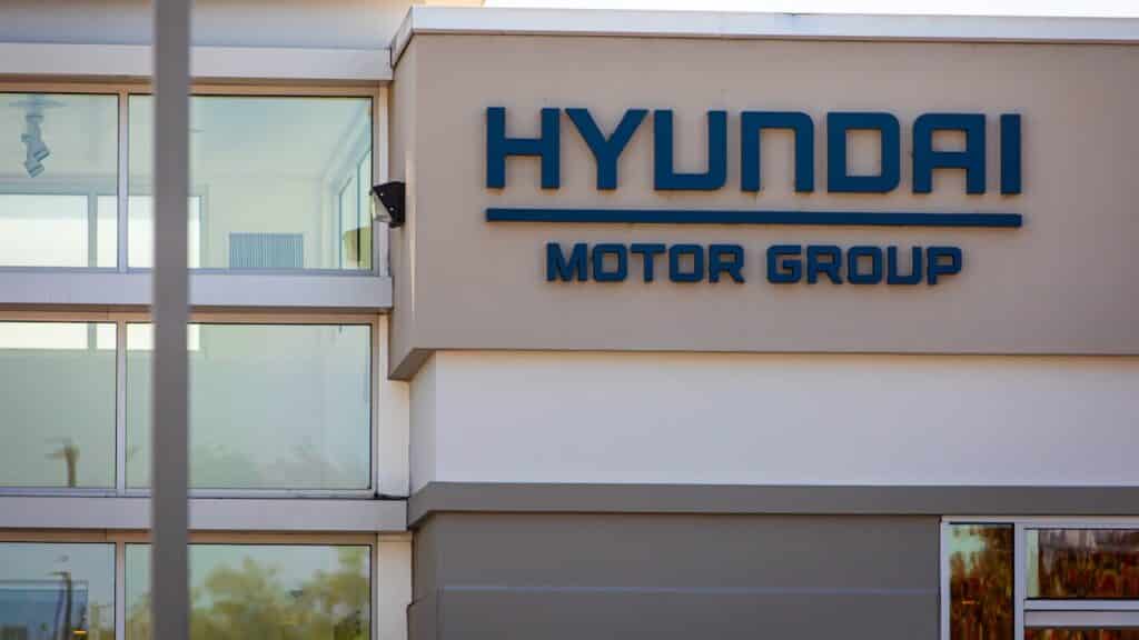 Hyundai Motor Group logo sign on the facade of company headquarters in Silicon Valley.
