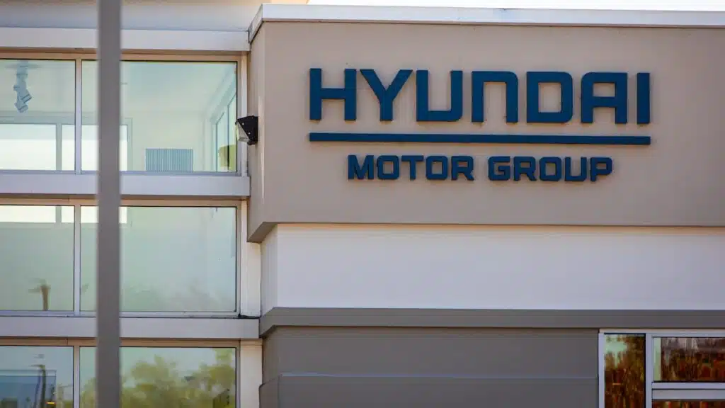 Hyundai Motor Group logo sign on the facade of company headquarters in Silicon Valley.