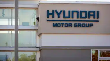 Hyundai Motor Group logo sign on the facade of company headquarters in Silicon Valley.