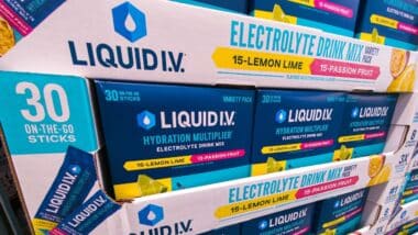Liquid IV Hydration Powder Packages Energy Drink Flavoring on Shelf at Store