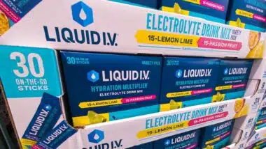 Liquid IV Hydration Powder Packages Energy Drink Flavoring on Shelf at Store