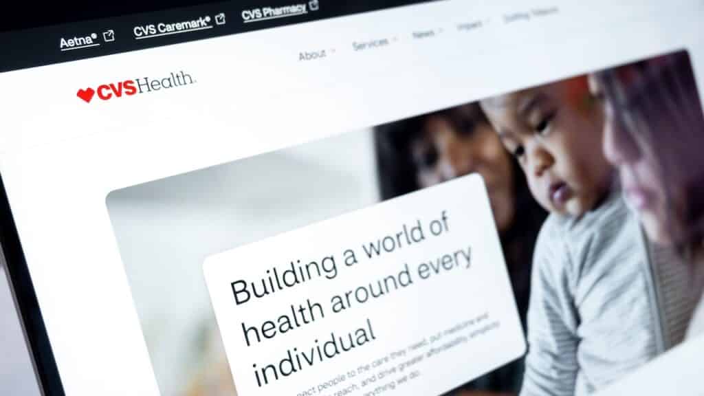 cvs health website showing its logo, healthcare services, and aetna integration on a screen