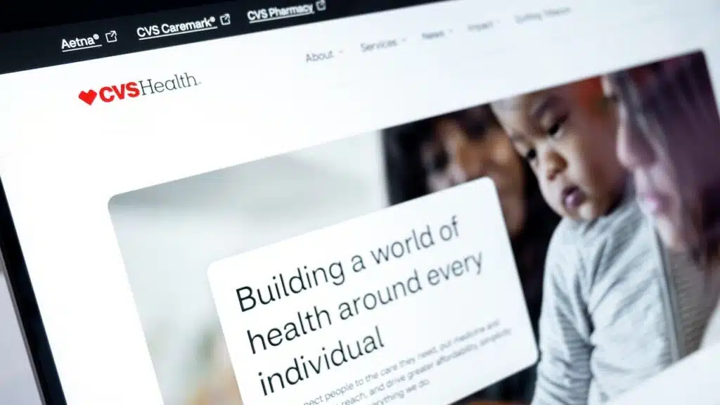 cvs health website showing its logo, healthcare services, and aetna integration on a screen