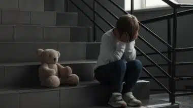 Upset little boy with toy bear on stairs indoors