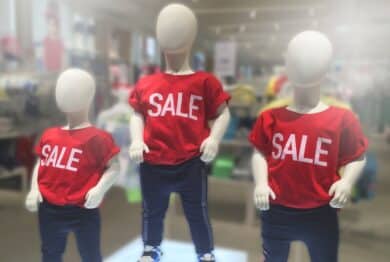 Sign of sale on red children’s clothing in shopping mall, The children’s clothing shop sale
