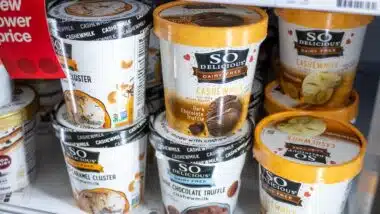 A view of several cartons of So Delicious Diary Free frozen desserts, on display at a local grocery store.