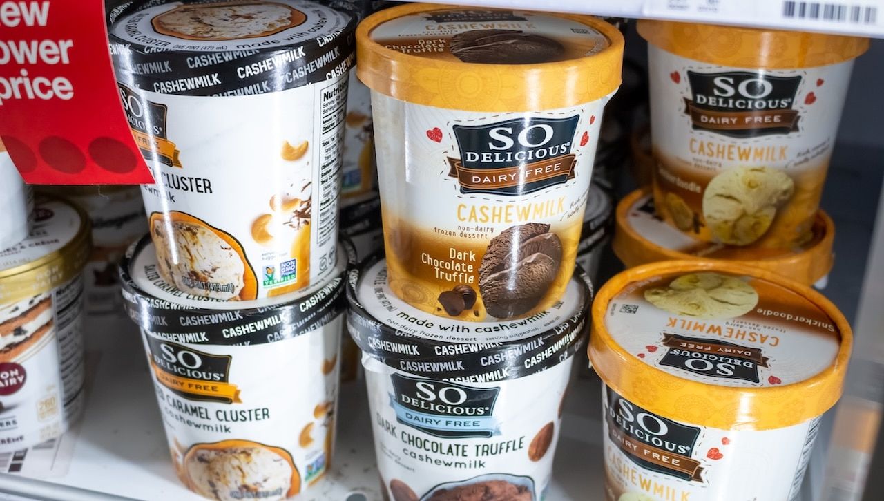 A view of several cartons of So Delicious Diary Free frozen desserts, on display at a local grocery store.