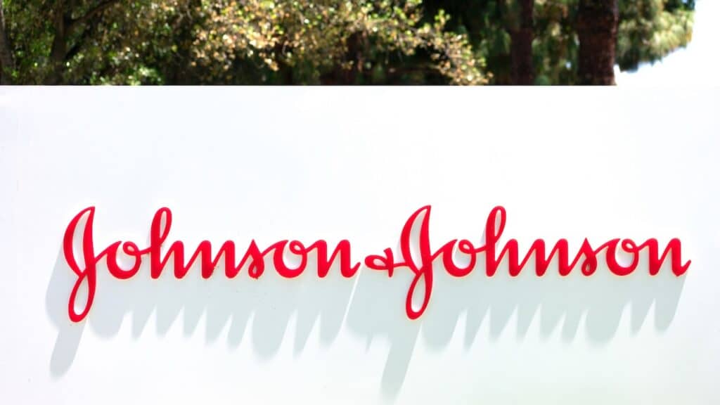 Johnson & Johnson sign at multinational corporation office in Silicon Valley.