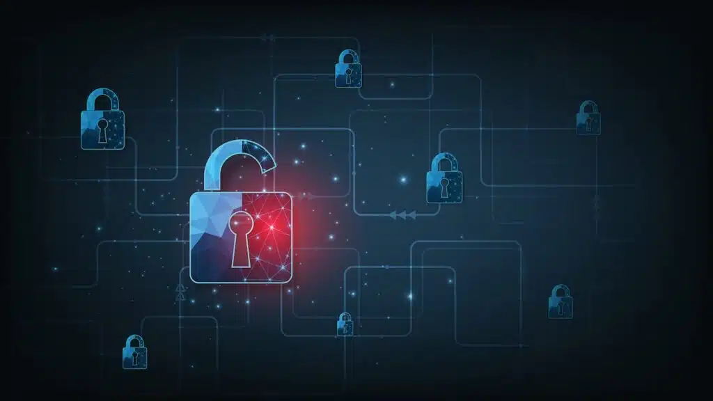 Data attacks.Visualization of cyber attacks With Padlock destroyed on dark blue background.