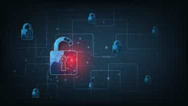 Data attacks.Visualization of cyber attacks With Padlock destroyed on dark blue background.