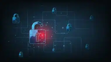 Data attacks.Visualization of cyber attacks With Padlock destroyed on dark blue background.