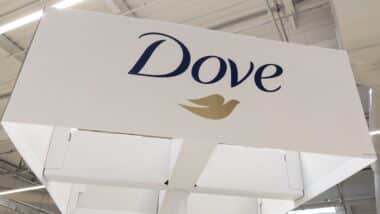 Dove Brand Logo and text sign on shop supermarket display advertising