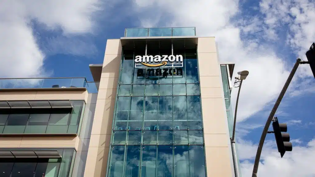 Amazon sign on a building in Palo Alto, Silicon Valley, San Francisco Bay Area.