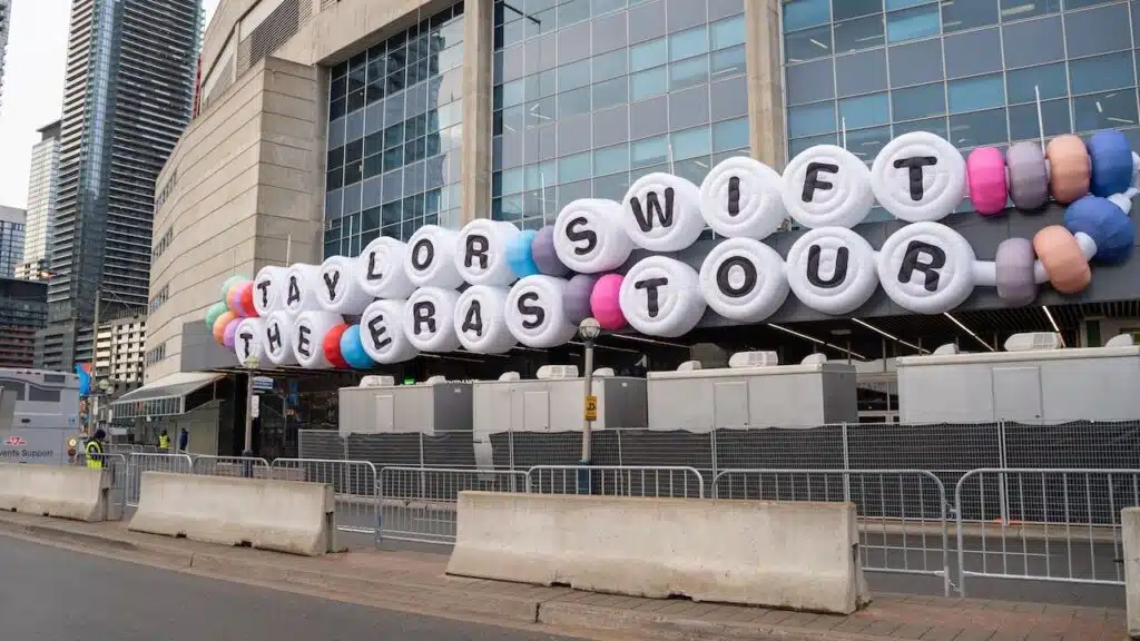 Swiftie friendship bracelet sign in front of Rogers Centre for Taylor Swift The Eras Tour Concert