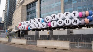 Swiftie friendship bracelet sign in front of Rogers Centre for Taylor Swift The Eras Tour Concert