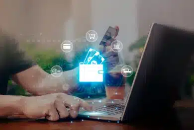 Man Hand Using laptop for Online Payment by Digital Wallet