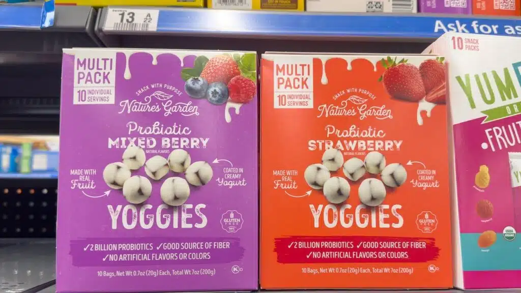 A view of several packages of Nature's Garden Yoggies snacks, at the store.