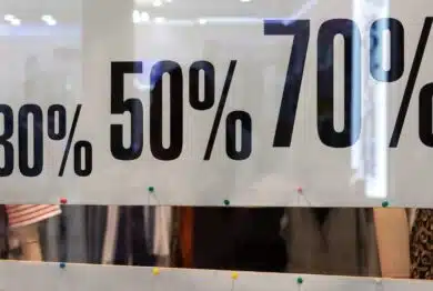 Showcase of clothing store in season of discounts, banner with inscriptions of discount sizes, 30, 50, 70 percent. Concept shopping, discounts.