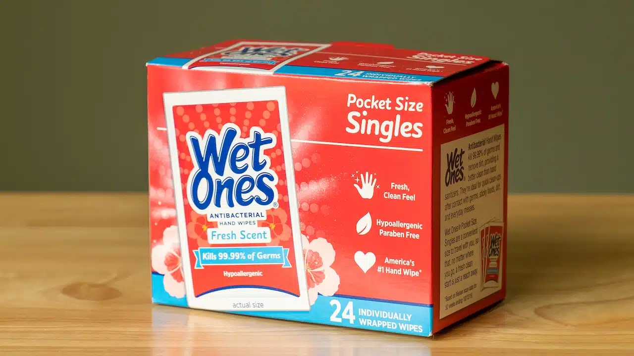 Box of individually packed Wet Ones wipes contains a product used to clean and sanitize a persons hands.
