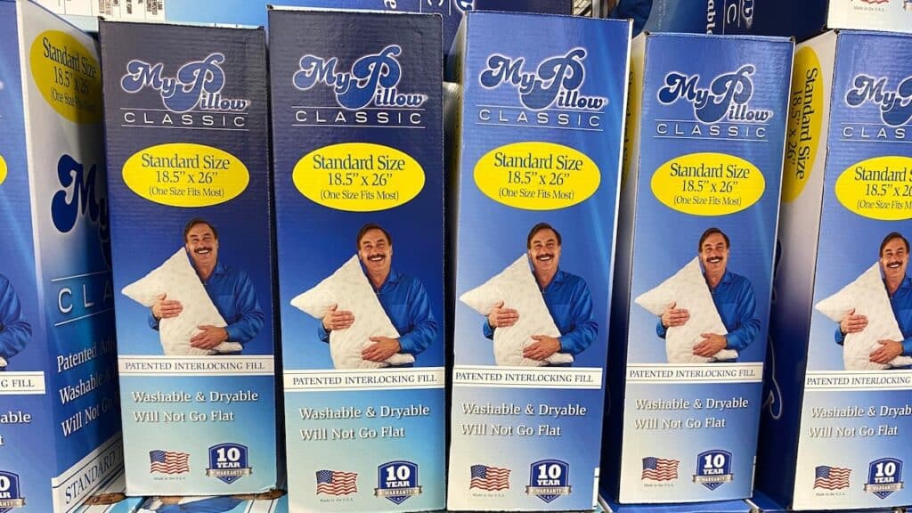 Display of My Pillow brand pillows at a Sam's Club store.