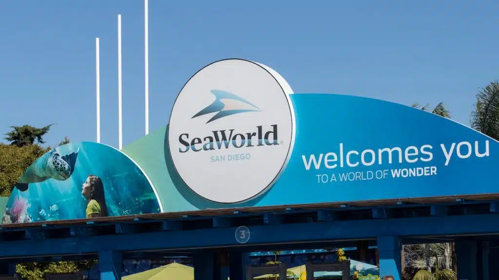 The entrance to SeaWorld in San Diego, California. SeaWorld is a theme park chain