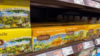 A view of several packages of Celestial Seasoning tea bags, on display at a local grocery store.