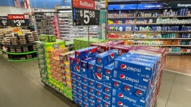 Walmart retail store interior Pepsi pallet display various soft drinks