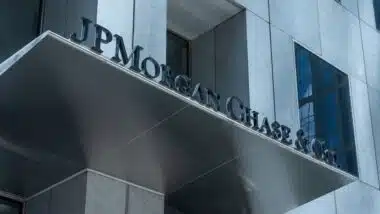 JPMorgan Chase and Co. sign above one of the entrances to JPMorgan Chase Tower