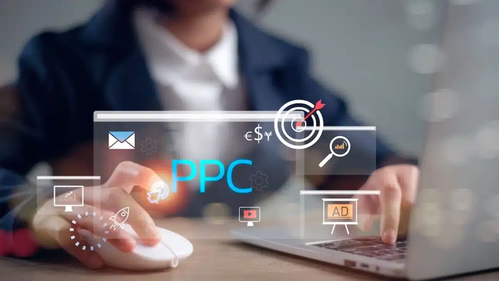 Pay Per Click concept. Businessman working on laptop, social network, SEO