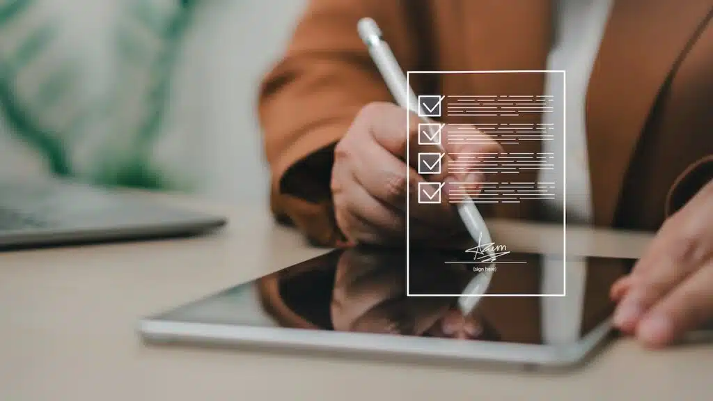 Digital document signing and online contract approval concept.