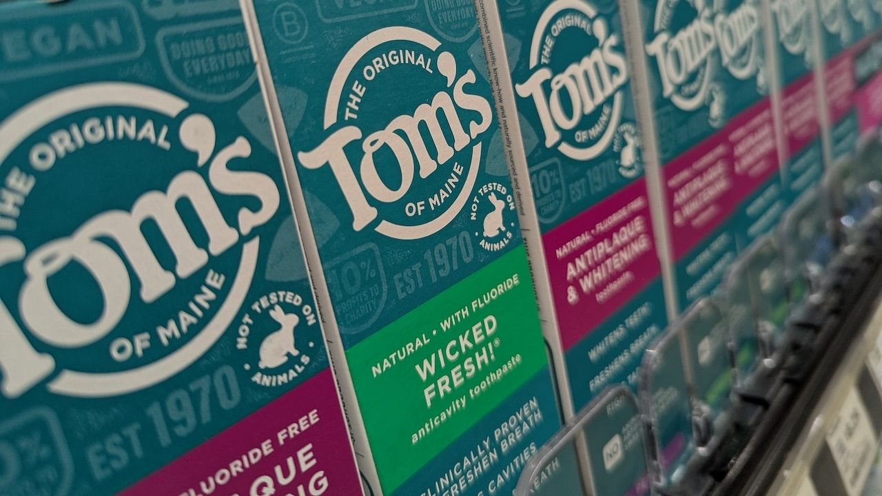 The Original Tom's Of Maine Toothpaste Boxes Packages on Shelf at Whole Foods