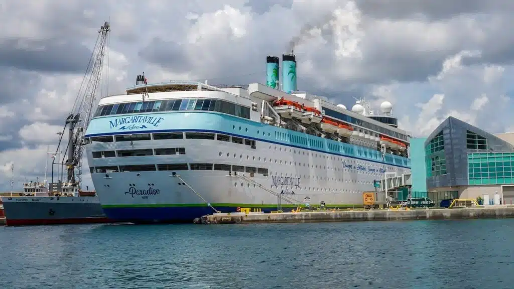 Margaritaville at Sea Paradise cruise ship docked at Port of Palm Beach, Florida sets sail to Bahamas