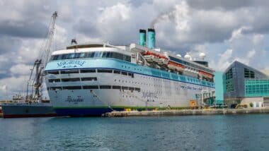 Margaritaville at Sea Paradise cruise ship docked at Port of Palm Beach, Florida sets sail to Bahamas
