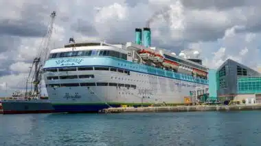 Margaritaville at Sea Paradise cruise ship docked at Port of Palm Beach, Florida sets sail to Bahamas