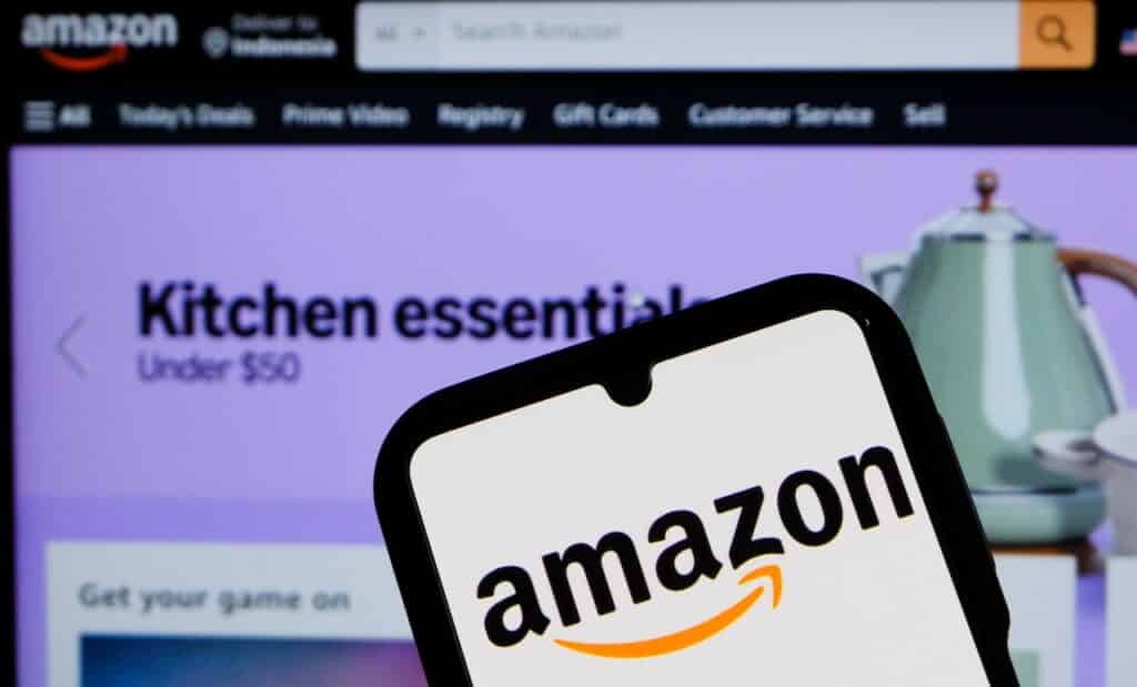 In this photo illustration, Amazon logo is displayed on a smartphone.