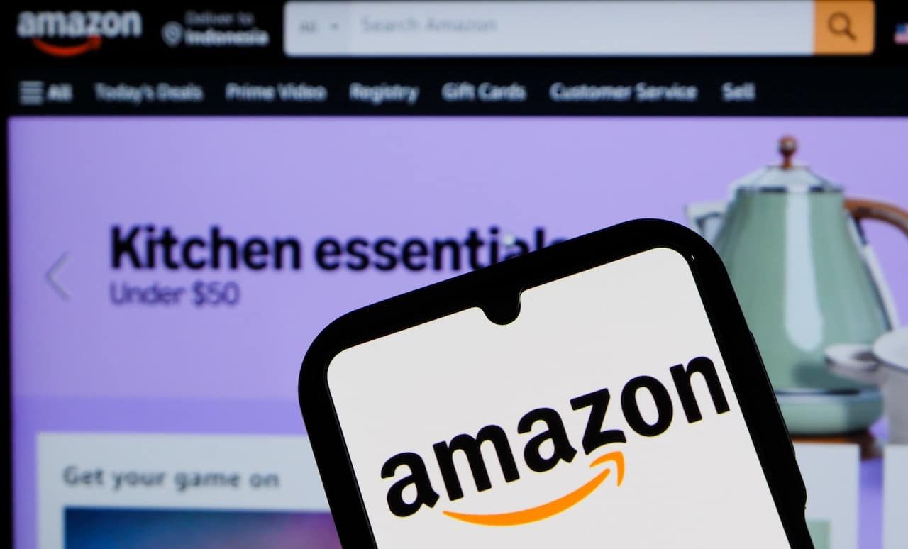 In this photo illustration, Amazon logo is displayed on a smartphone.