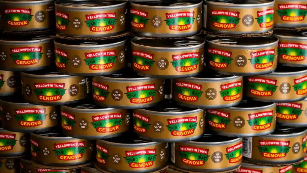 A display of Genova Yellowfin Tuna cans in New York