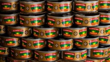 A display of Genova Yellowfin Tuna cans in New York