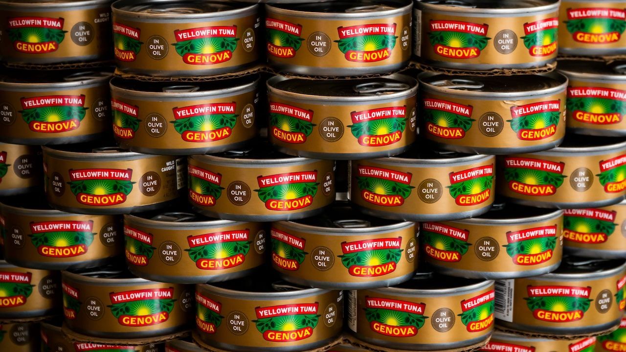 A display of Genova Yellowfin Tuna cans in New York