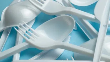 Plastic cutlery, forks, spoons and knives.