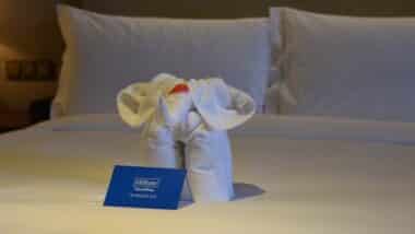 Towels and wash cloth folded into an elephant on a bed in a deluxe room at Hilton Golden Beach Hotel during the corona virus pandemic.
