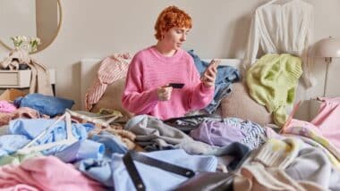 Indoor shot of serious redhead young woman poses on bed with carelessly scattered clothes makes purchases online holds smartphone and credit card
