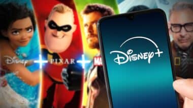 Smartphone with new Disney Plus logo with Disney Plus content on background