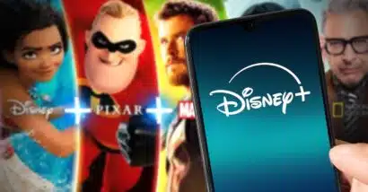 Smartphone with new Disney Plus logo with Disney Plus content on background