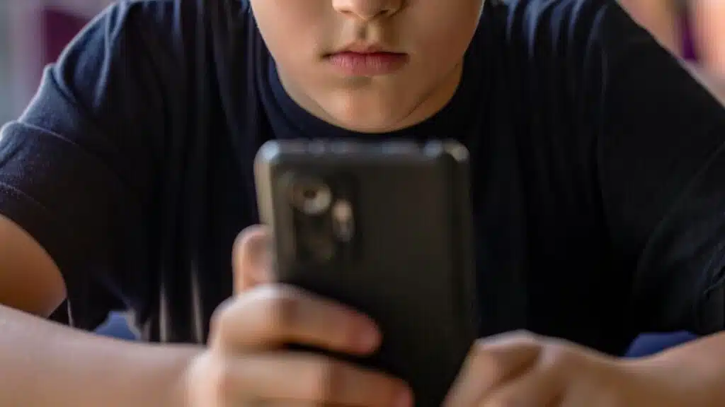 Child gadget addiction. Child, teenager or preteen mobile phone. Mobile addiction, digital dependence concept.